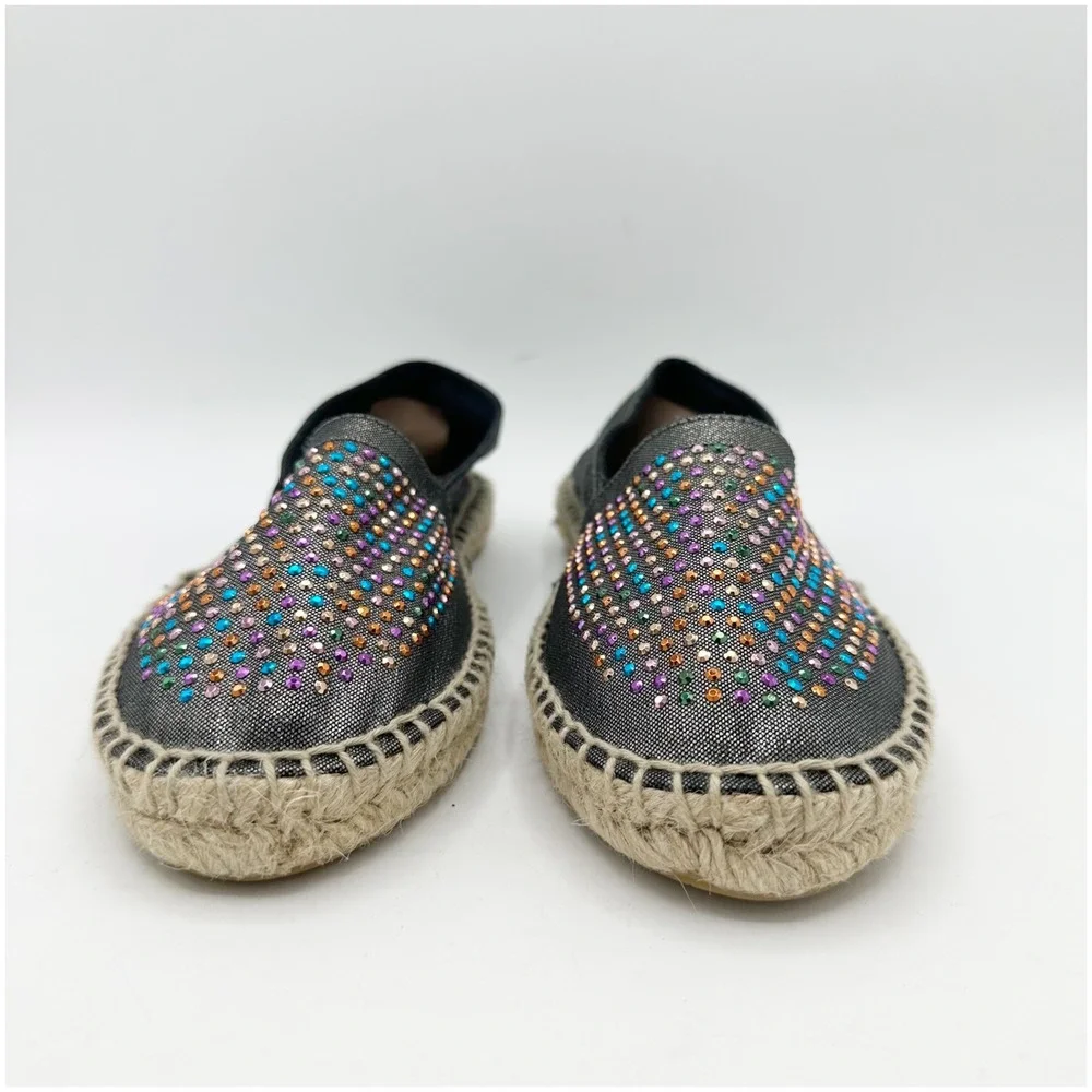 SESTO MulEmbellished Espadrille Flats Metallic‎ Black Rhinestone Slip On Shoe